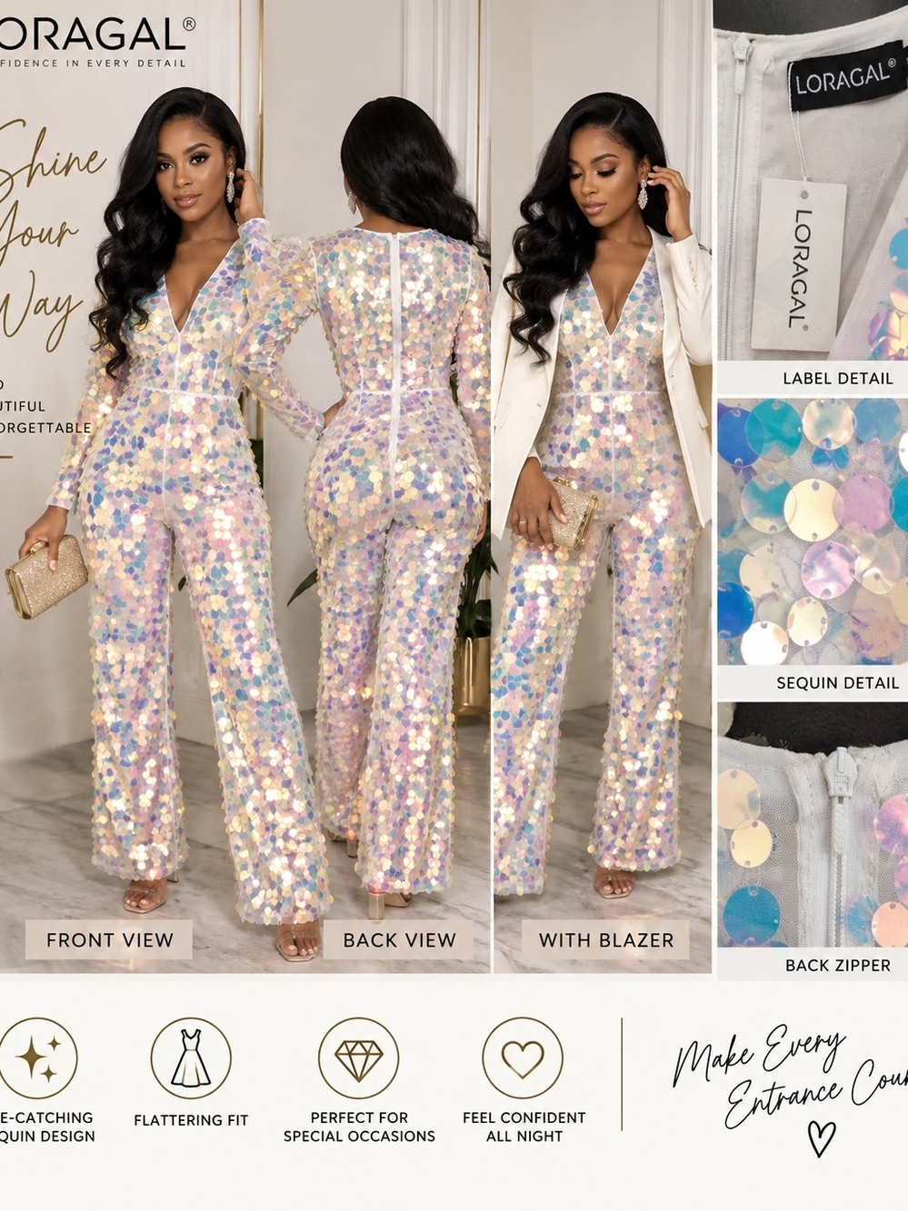 RAGA Iridescent Sequin Jumpsuit - White, Pink, Blue